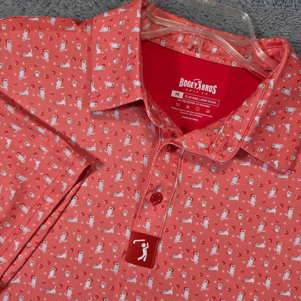 Bogey Bros Polo Shirt Mens M Coral Pink Cat Horseshoe Print Performance Golf EUC